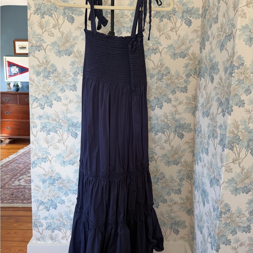 Navy Smocked Maxi Dress with Tie Straps